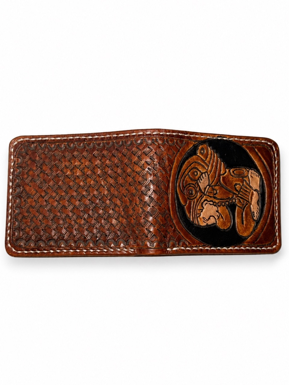 Hand-Tooled Leather Bifold Wallet Basketweave Design Brown